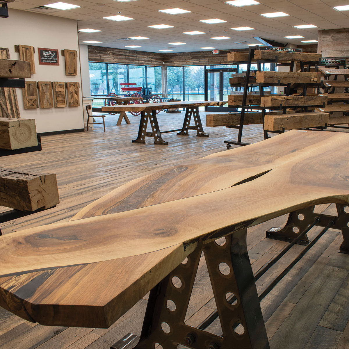 Reclaimed wood samples at the Dallas showroom