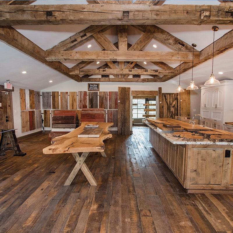 Reclaimed wood samples at the Houston showroom